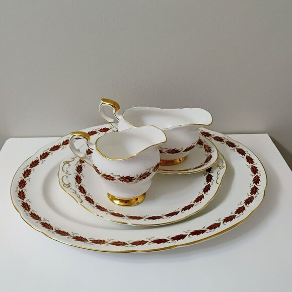 Paragon Elegance Fine Bone China Serving Set, 5 Piece Burgundy Leaves Gold 1950s